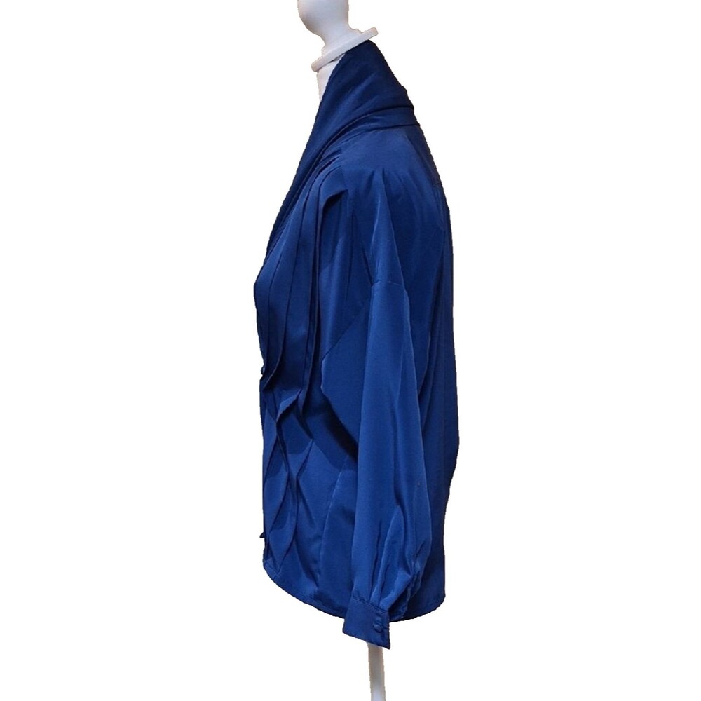 Vintage Marlis 80s Padded Shoulder Blouse Royal Blue Wrap Top Petite Small PS 90 - Picture 2 of 13
